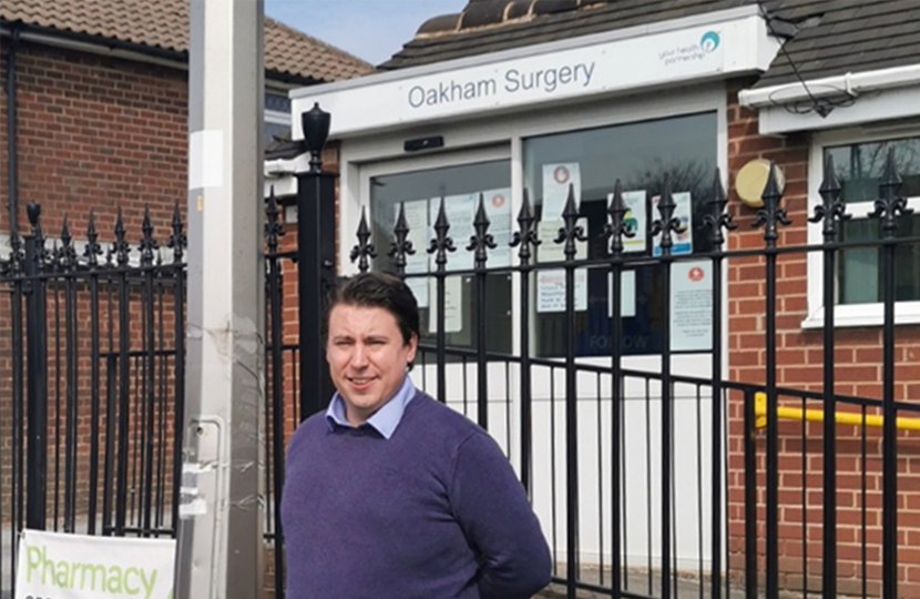 Shaun Bailey MP outside Oakham Surgery