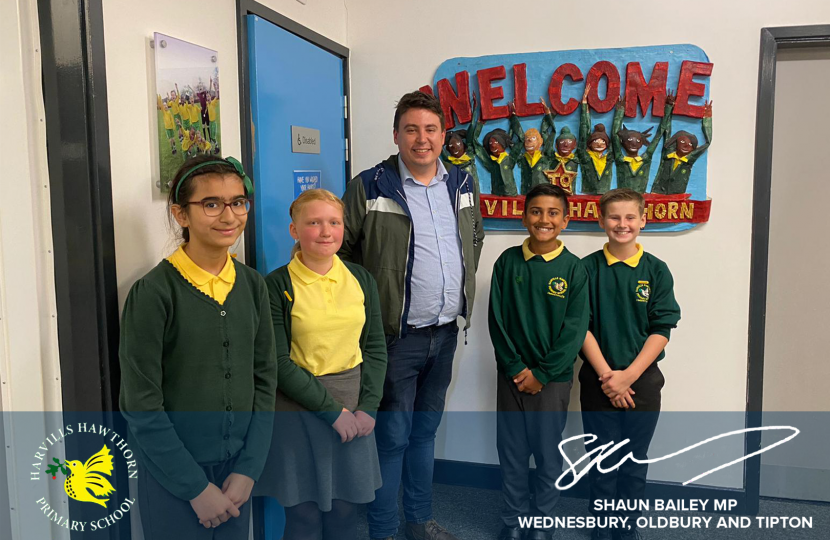 A watermarked photo of Shaun Bailey MP with Harvills Hawthorn Schoolchildren